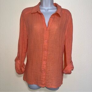 Chico's sz 2 L Textured Gauze Heather Shirt Button Up Top Lightweight Cotton
